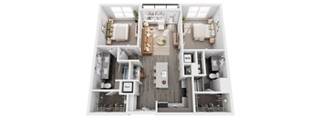 A top-down view of a modern apartment layout with a kitchen, living room, and bathroom.