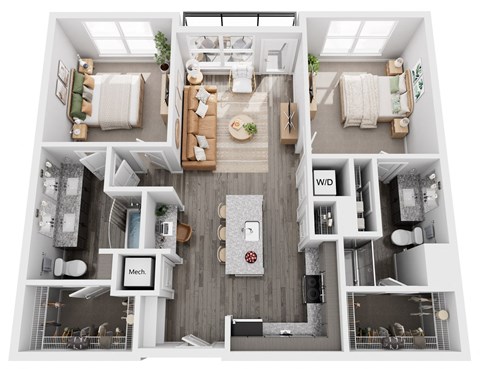 A top-down view of a modern apartment layout with a kitchen, living room, and bathroom.