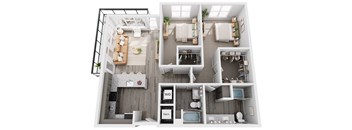 A top-down view of a modern apartment layout with labeled rooms.