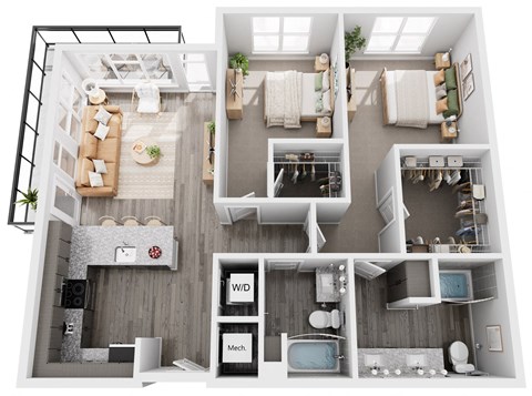 A top-down view of a modern apartment layout with labeled rooms.