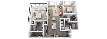 A top-down view of a modern apartment layout with a kitchen, living room, and bathroom.
