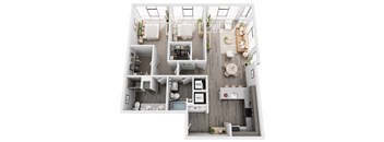 A top-down view of a modern apartment layout with labeled sections for the kitchen, living room, and bathroom.