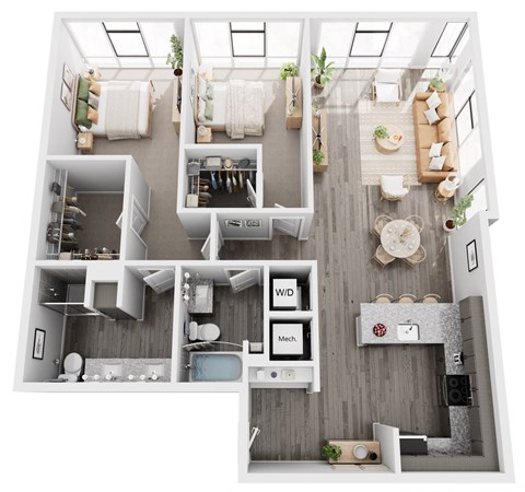 A top-down view of a modern apartment layout with labeled sections for the kitchen, living room, and bathroom.