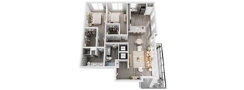 A top-down view of a modern apartment layout with a living room, dining area, kitchen, and bedrooms.