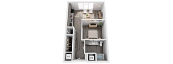 A top-down view of a small apartment with a kitchen, living room, and bathroom.