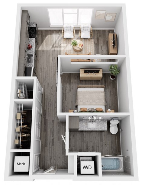 A top-down view of a small apartment with a kitchen, living room, and bathroom.