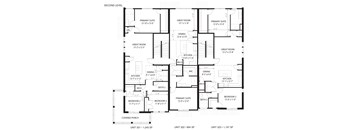 A black and white image of a second level floor plan for a home with three units.