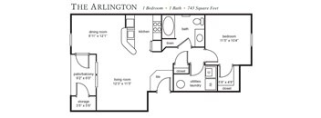 A floor plan of a one bedroom apartment with a total area of 743 square feet.