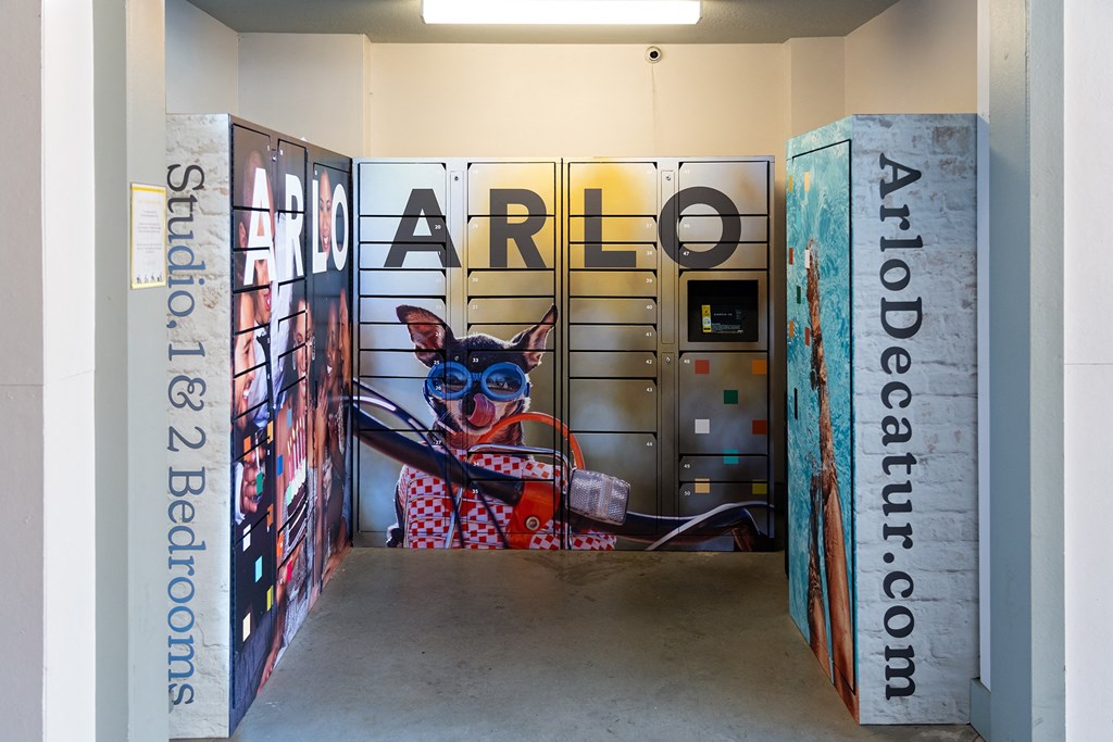 a corridor with a mural of a dog with glasses on the door