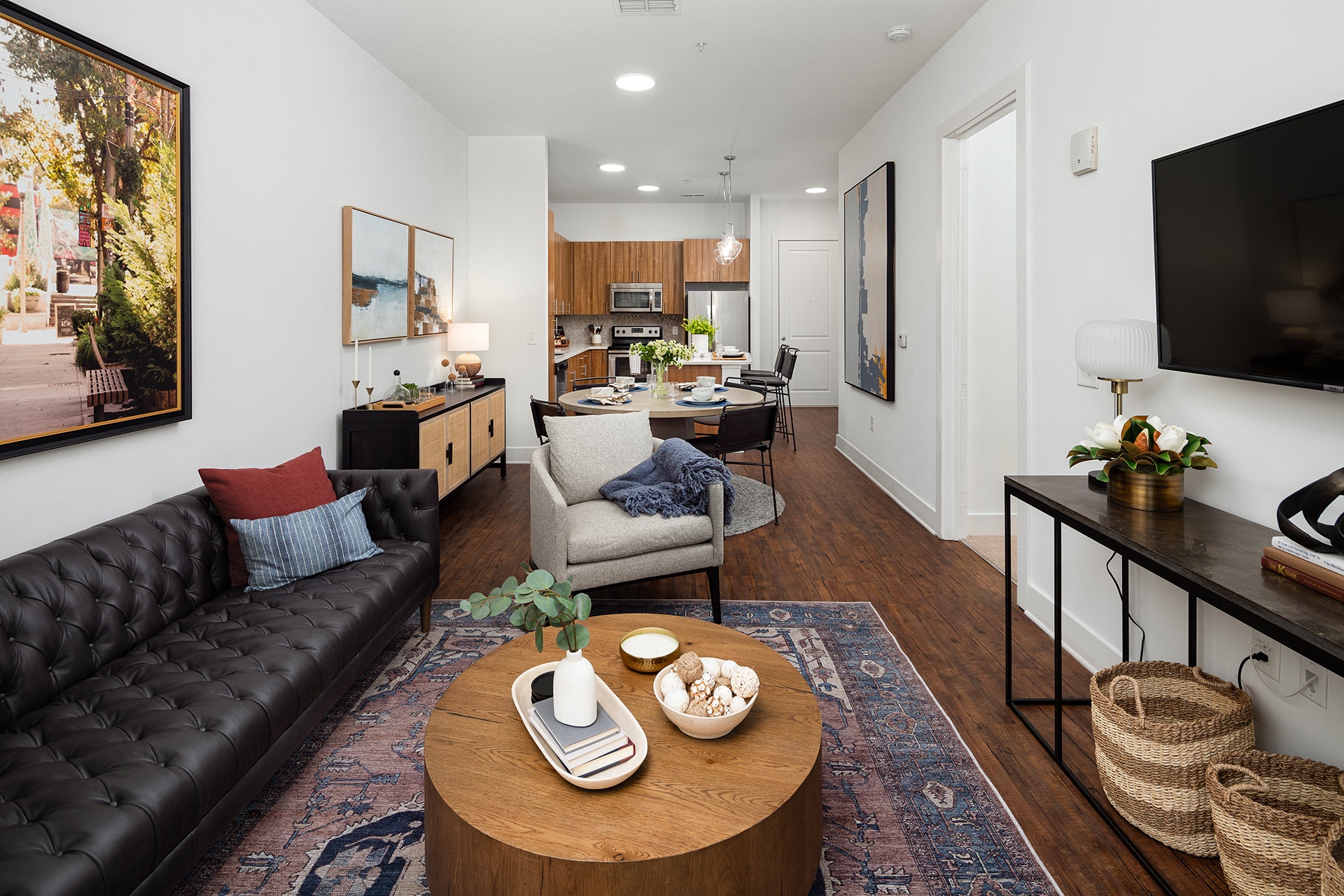 a living room with a couch and a table