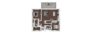 a 3d floor plan with a bedroom and a living room