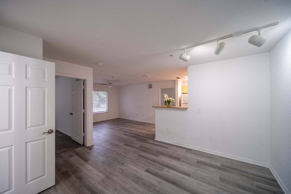 A room with a white door and a grey floor.