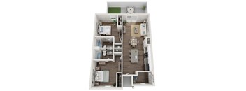 A floor plan of a two-bedroom apartment with a living room, kitchen, and bathroom.