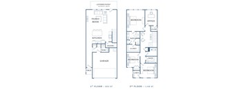 a floor plan of a house with two floors and a garage