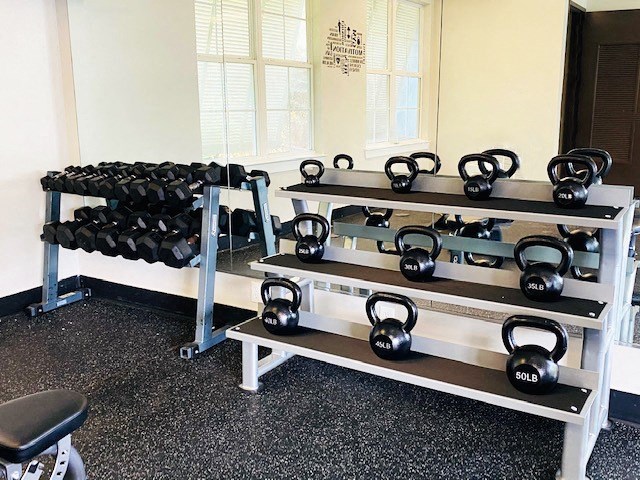 a gym with weights and a rack of dumbbells