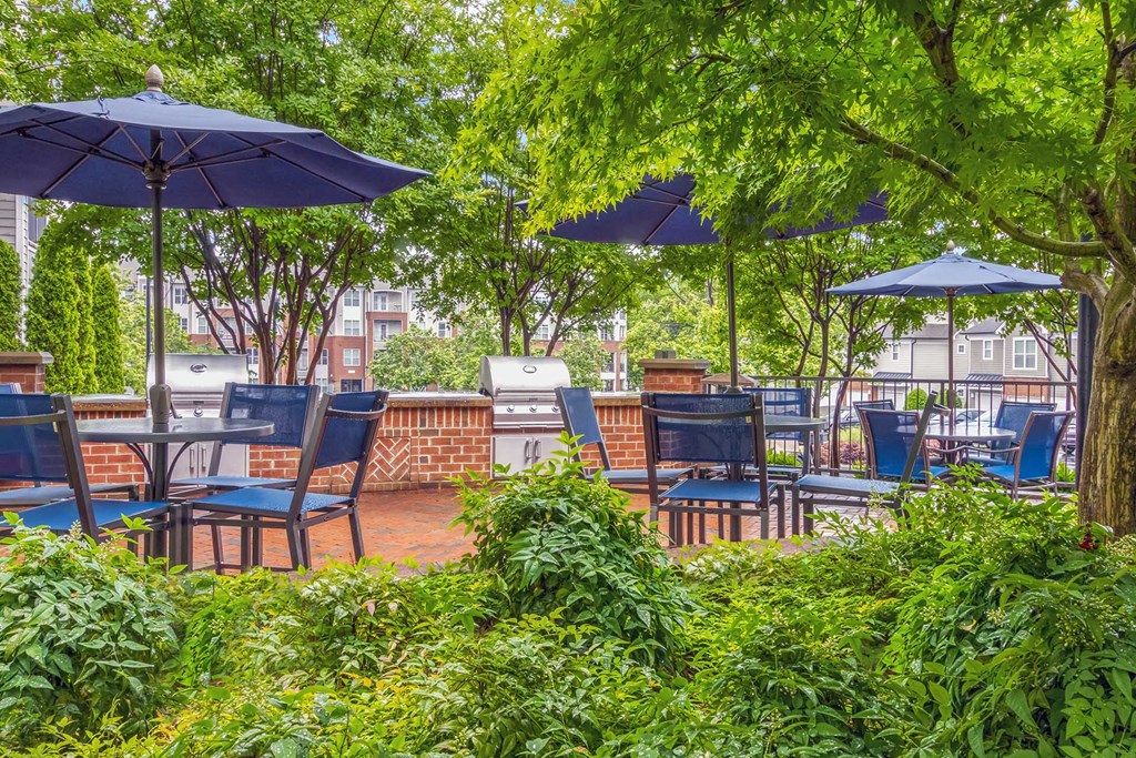 A patio with blue umbrellas and chairs surrounded by green plants.