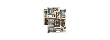 A top-down view of a small apartment with a kitchen, living room, and bedroom.