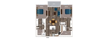 A floor plan of a house with two bedrooms, a living room, a dining room, a kitchen, a study, a pantry, and a garage.