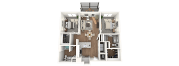 A 3D floor plan of a house with a kitchen, living room, dining room, and two bedrooms.