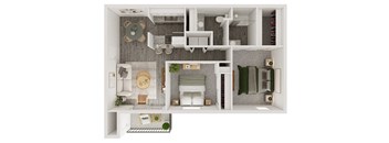 a stylized floor plan of a bedroom with a bathroom and a living room