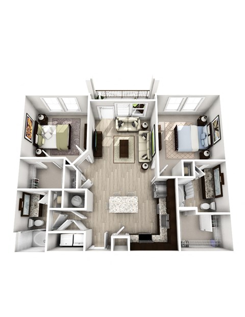 a 3d floor plan of a bedroom with a bathroom and a living room