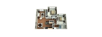 A 3D floor plan of a house showing a kitchen, living room, two bedrooms, and a bathroom.