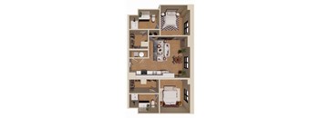 A 3D floor plan of a house with a kitchen, living room, and bedrooms.