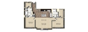A floor plan of a house with two bedrooms, a living area, a kitchen, and two bathrooms.