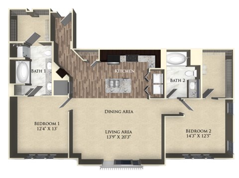 A floor plan of a house with two bedrooms, a living area, a kitchen, and two bathrooms.