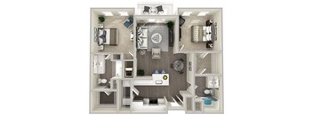 A 3D floor plan of a house showing all the rooms and their furnishings.