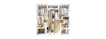 A top down view of a small apartment with a kitchen, living room, and bathroom.