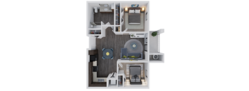 A 3D floor plan of a small apartment with a bedroom, living room, and kitchen.