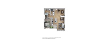 A floor plan of a furnished apartment with a kitchen, living room, and bathroom.