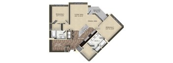 A floor plan of a house with a living area, two bedrooms, a dining area, a kitchen, a study, and two bathrooms.