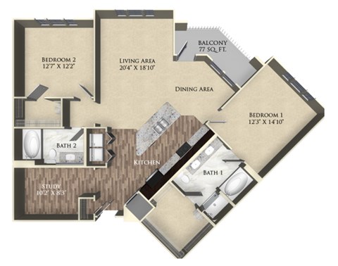 A floor plan of a house with a living area, two bedrooms, a dining area, a kitchen, a study, and two bathrooms.