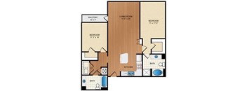A floor plan of a house with a living room, two bedrooms, a kitchen, a bath, and a balcony.