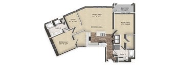A floor plan of a house with a living area, two bedrooms, a study, a dining area, and two bathrooms.