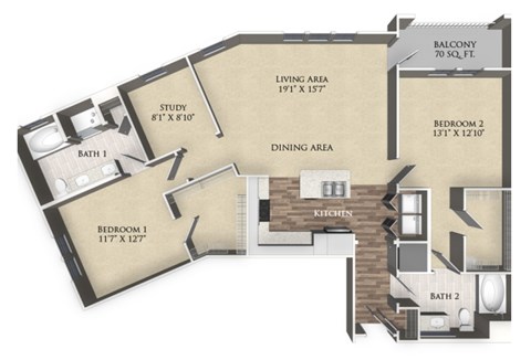 A floor plan of a house with a living area, two bedrooms, a study, a dining area, and two bathrooms.