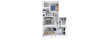 A diagram of a small apartment with a kitchen, living room, and bathroom.