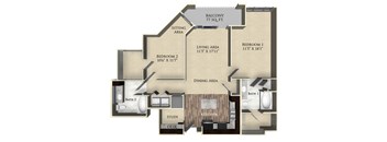 A floor plan of a home with a balcony, two bedrooms, a living area, a dining area, a kitchen, a study, a desk, and two bathrooms.