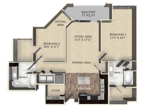A floor plan of a home with a balcony, two bedrooms, a living area, a dining area, a kitchen, a study, a desk, and two bathrooms.