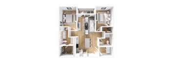 A top down view of a small apartment with a kitchen, living room, and bathroom.