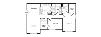 A black and white floor plan of a house with a living room, dining room, kitchen, pantry, two bathrooms, and two bedrooms.