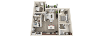 A 3D floor plan of a small apartment with a kitchen, living room, and bedroom.