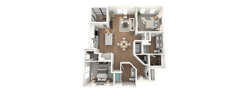 A 3D floor plan of a house with a kitchen, living room, dining room, and bedrooms.