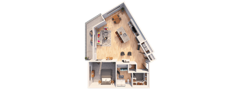 A 3D rendered image of a house layout with a living room, kitchen, and bedrooms.