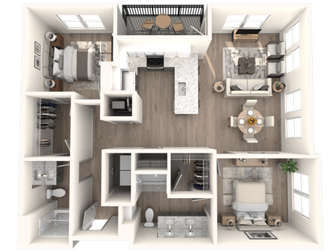 a 3d floor plan of a bedroom with a bathroom and a living room