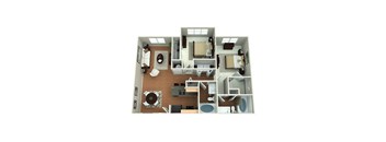 A 3D rendered image of a house layout.