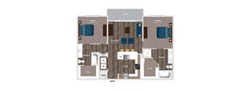 A floor plan of a house with two bedrooms, a living room, a dining room, a kitchen, a bathroom, and an entry.