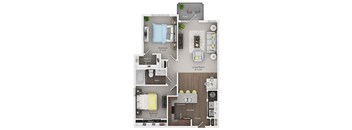A floor plan of a small apartment with a living room, kitchen, and two bedrooms.